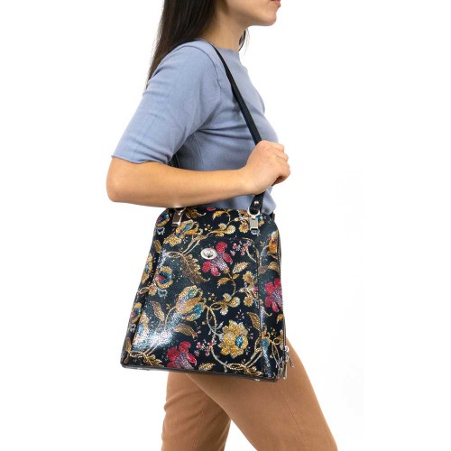 Дамска чанта ENZO NORI модел LIMA естествена кожа син с цветя